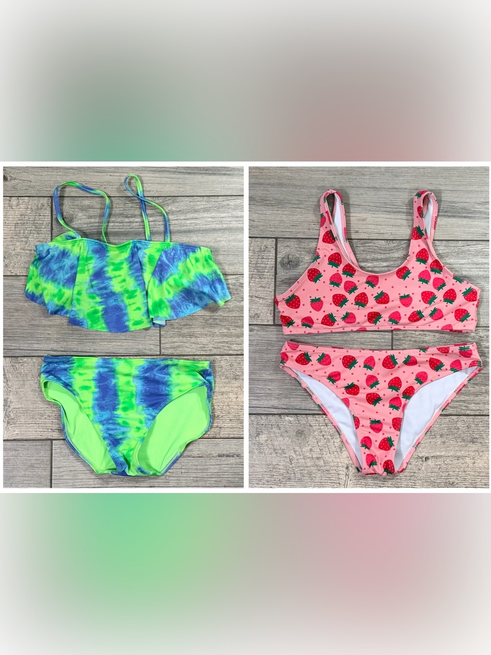 Girls Two-Piece Swim Set Duo - Neon Tie-Dye & Pink Strawberry